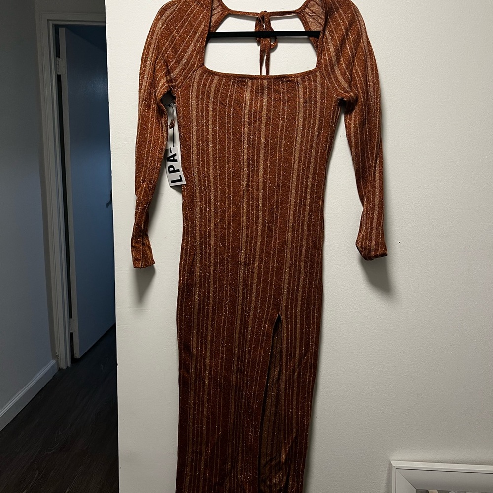 LPA Brown Ribbed Bodycon Dress with Puff Sleeves